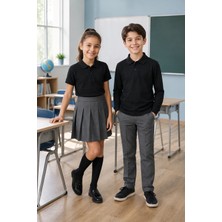 Qkk Çocuk Unisex Siyah 2'li Polo Yaka Okul Tişörtü Seti Kısa Kollu + Uzun Kollu %100 Pamuk Lakos Kumaş