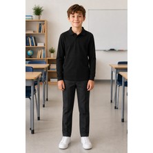 Qkk Çocuk Unisex Siyah Uzun Kollu Polo Yaka Okul Tişörtü %100 Pamuk Lakos Kumaş