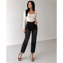 Shevega Siyah Yüksek Bel Yırtık Detaylı Boyfriend Mom Jean Kot Pantolon