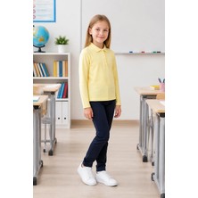 Qkk Çocuk Unisex Açık Sarı Uzun Kollu Polo Yaka Okul Tişörtü %100 Pamuk Lakos Kumaş