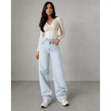 Shevega Milano Buz Mavi Arka Kemer Tokalı Yüksek Bel Baggy Jeans Salaş Kot Pantolon