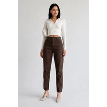 Shevega Kadın Kahverengi Keten Mom Jeans Boyfriend Pantolon