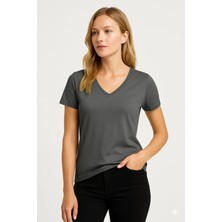 Prolet Kadın V Yaka Basic Tişört – Limited Color Drop - Antrasit Melanj Gri