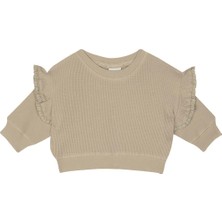 Antebies Organik Gots Sertifikalı Bej Waffle Kumaş, Dantel Detaylı, Uzun Kollu Bebek Sweatshirtü