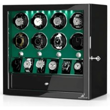 Robert Taylor Watch Winder Ascot Collection – 8 Slotlu Ultra Sessiz Otomatik Saat Kurma Kabini (+6 Muhafaza Alanlı, Çekmeceli, Siyah & Yeşil)