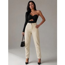 Shevega Mamaliga Krem Mom Jeans Boyfriend Keten Pantolon
