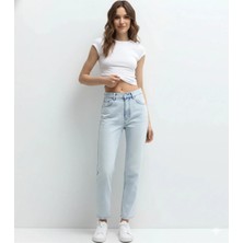 Shevega Kadın Buz Mavi Likralı Boyfriend Fit Mom Jean Pantolon