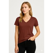 Prolet Kadın V Yaka Basic Tişört – Limited Color Drop - Kiremit
