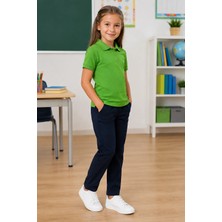 Qkk Çocuk Unisex Yeşil Kısa Kollu Polo Yaka Okul Tişörtü %100 Pamuk Lakos Kumaş