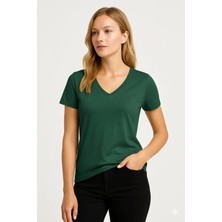 Prolet Kadın V Yaka Basic Tişört – Limited Color Drop - Çam Yeşili