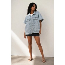 Shevega Buz Mavi Oversize Panço Kolsuz Kot Denim Jean Yelek
