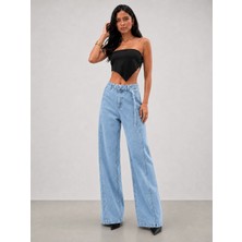 Shevega Kadın Buz Mavi Kuşak Kemerli Bol Paça Palazzo Jeans Salaş Kot Pantolon
