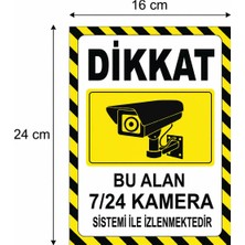 Reklam Ads Kişiselleştirilebilir Levha, 6 Adet Dikkat Bu Alan Kamera 7/24 Kamera ile İzlenmektedir 16X24 cm Boyut Folyo Baskı Sticker, Kamera Uyarı Levhası