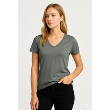Prolet Kadın V Yaka Basic Tişört – Limited Color Drop - Kurşun Gri