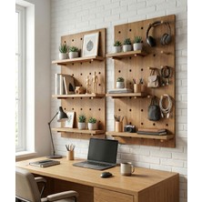 Dekortek Mobilya Ahşap Modüler Pegboard Duvar Raf Sistemi (3 Raf,10 Askı Çubuğu) - Çalışma Masası ve Ofis Düzenleyici