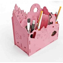 Roven Ahşap Çocuk Kalemlik - Pembe Unicorn ve Şato Temalı Masaüstü Düzenleyici Organizer