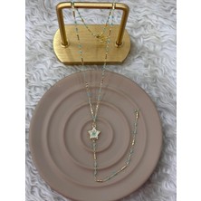 Fm 💎 Premium Parlak Gold Renk Turkuaz Boncuklu Taşlı Yıldız Figürlü 316L Çelik Kadın Y Kolye (45cm)