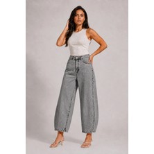 Shevega Füme Yüksek Bel Kısa Paça Bol Paça Baggy Jean Kot Pantolon