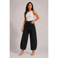 Shevega Kadın Siyah Yüksek Bel Kısa Paça Baggy Jean Kot Pantolon