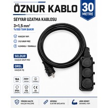 Öznur Kablo Seyyar Uzatma Kablosu 30 Metre | Ttr 3x1,5 mm %100 Tam Bakır Kablo | Seldur 3'lü Kauçuk Grup Priz | Orel Kauçuk Fiş | IP54 IP44