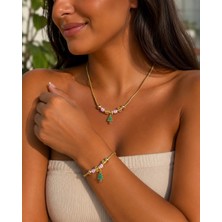 Moda Çam Ağacı Detaylı Pembe Mineli Charm Kolye ve Bileklik Kadın Set
