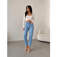 Shevega Kadın Buz Mavi Yüksek Bel Kemer Detaylı Fit Mom Jean Boyfriend Kot Pantolon