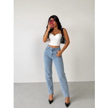 Shevega Mamaliga Kadın Buz Mavi Taş Detaylı Boyfriend Mom Jeans Kot Pantolon