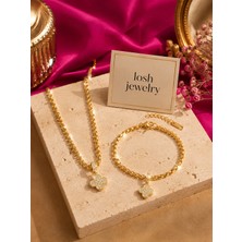Moda Gold Çelik Zirkon Taşlı Yonca Kolye ve Bileklik Takım Kadın Set