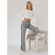 Shevega Kadın Füme Yüksek Bel Yan Fermuar Detaylı Bol Paça Palazzo Jean Denim Kot Pantolon