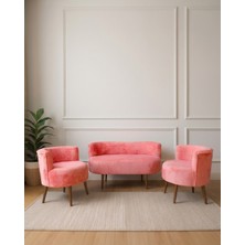 Azra Mobilya Sydney 2+1+1 Welsoft Tüylü Yumuşak Kumaş Balkon  Çay Seti Koltuk Takımı - Ahşap Ayak - Gül Kurusu