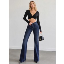 Shevega Lacivert Yüksek Bel Likralı Paça Kesik Model Ispanyol Paça Jean Kot Pantolon