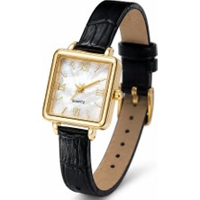 Toz Vintage Cilnar Siyah Deri Kayış Gold Kare Kasa Minimal Kadın Vintage Retro Saat
