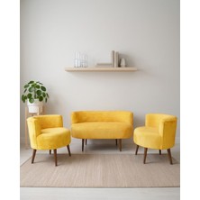 Azra Mobilya Sydney 2+1+1 Welsoft Tüylü Yumuşak Kumaş Balkon Çay Seti Koltuk Takımı - Ahşap Ayak - Sarı