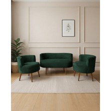 Azra Mobilya Sydney 2+1+1 Welsoft Tüylü Yumuşak Kumaş Balkon Çay Seti Koltuk Takımı - Ahşap Ayak - Yeşil