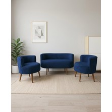 Azra Mobilya Sydney 2+1+1 Welsoft Tüylü Yumuşak Kumaş Balkon Çay Seti Koltuk Takımı - Ahşap Ayak - Mavi