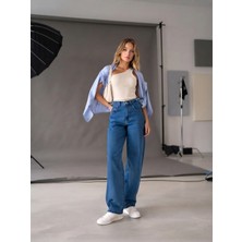 Shevega Mamaliga Mavi Yan Kemer Tokalı Yüksek Bel Baggy Jeans Salaş Kot Pantolon