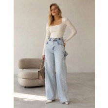 Shevega Mamaliga Buz Mavi Yan Kemer Tokalı Yüksek Bel Baggy Jeans Salaş Kot Pantolon