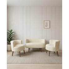 Azra Mobilya Sydney 2+1+1 Welsoft Tüylü Yumuşak Kumaş Balkon Çay Seti Koltuk Takımı - Ahşap Ayak - Krem
