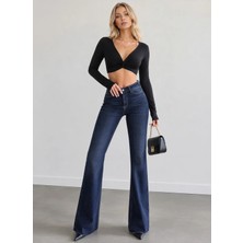 Shevega Lacivert Yüksek Bel Likralı Paça Kesik Model Ispanyol Paça Jean Kot Pantolon