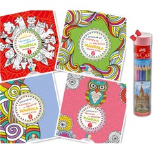 Çocuklar Için Mandala Boyama Seti (4 Kitap), Faber Castell 12'li Tüplü Kuru Boya Kalemi Hediye