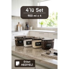 Ironika Etiket Hediyeli Vakum Kapaklı Çay Kahve Şeker Tuz Saklama Kabı Çok Amaçlı Saklama Kabı 900 ml 4 Adet