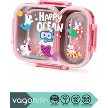 Vagonlife Bento 600ML Lunchbox Yeni Koleksiyon Sevimli Desenli Tek Katlı 2 Bölmeli Sızdırmaz Paslanmaz Çelik Sefer Tası Çocuk Okul Yemek Kutusu Plastik Kaşık Hediyeli Bpa Yok Özel Kutulu