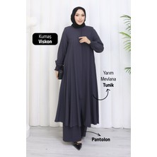 Moda Hayme Viskon Alt Üst Ikili Tesettür Takım Yarım Mevlana Tunik ve Pantolon Bir Arada Füme