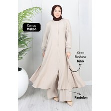 Moda Hayme Viskon Alt Üst Ikili Tesettür Takım Yarım Mevlana Tunik ve Pantolon Bir Arada Taş