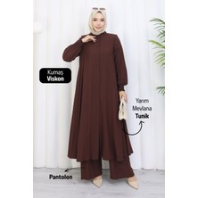 Moda Hayme Viskon Alt Üst Ikili Tesettür Takım Yarım Mevlana Tunik ve Pantolon Bir Arada Kahverengi
