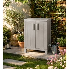 Stratecht 2 Kapaklı Plastik Çok Amaçlı Dolap 65X37X93 cm Banyo Dolabı, Bahçe Dolabı, Balkon Dolabı Taş Gri