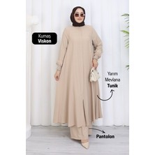 Moda Hayme Viskon Alt Üst Ikili Tesettür Takım Yarım Mevlana Tunik ve Pantolon Bir Arada Bej