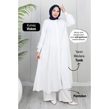 Moda Hayme Viskon Alt Üst Ikili Tesettür Takım Yarım Mevlana Tunik ve Pantolon Bir Arada Beyaz