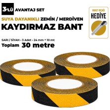 Unitape Sarı-Siyah Kaydırmaz Bant 24 mm × 10 mt - 3’lü Set, Toplam 30 mt - Suya Dayanıklı, Maket Bıçağı Hediyeli