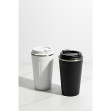 450 ml Beyaz ve Siyah 2'li Araç Içi Uyumlu Mat Siyah Çelik Termos Mug - 304 Paslanmaz Sızdırmaz Kilitli Kapak
